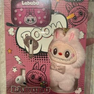 Labubu Pink Plush Keychain and Earbuds Case Set